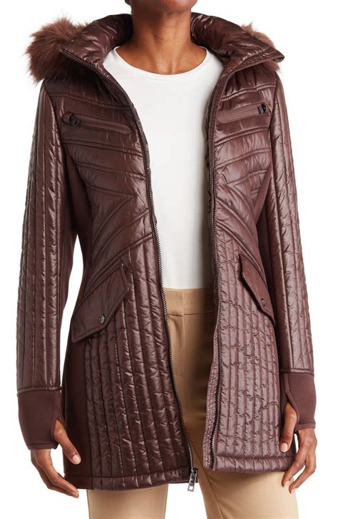 water-resistant faux fur trim hooded quilted jacket michael kors|faux fur trim puffer coat.